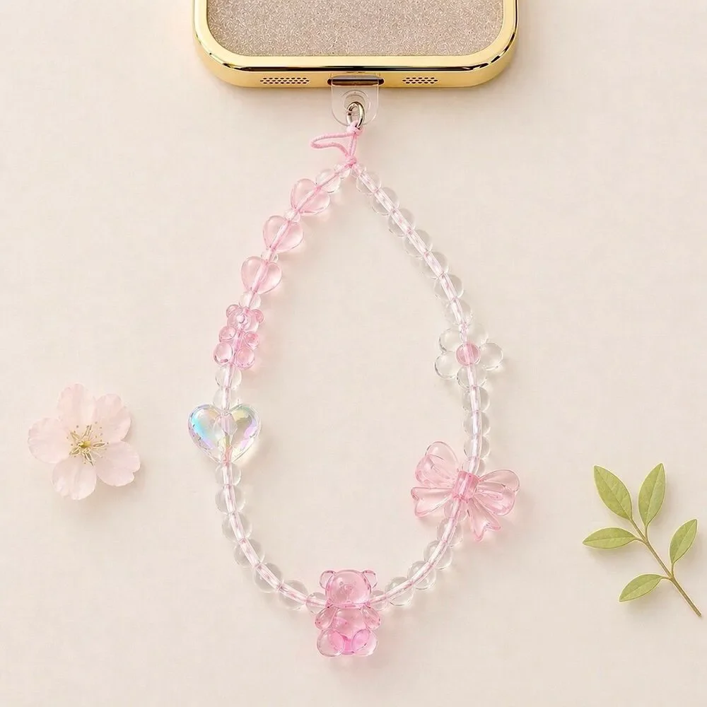 Beaded hand-held lanyard chain, phone wrist strap pink bear butterfly wristlet